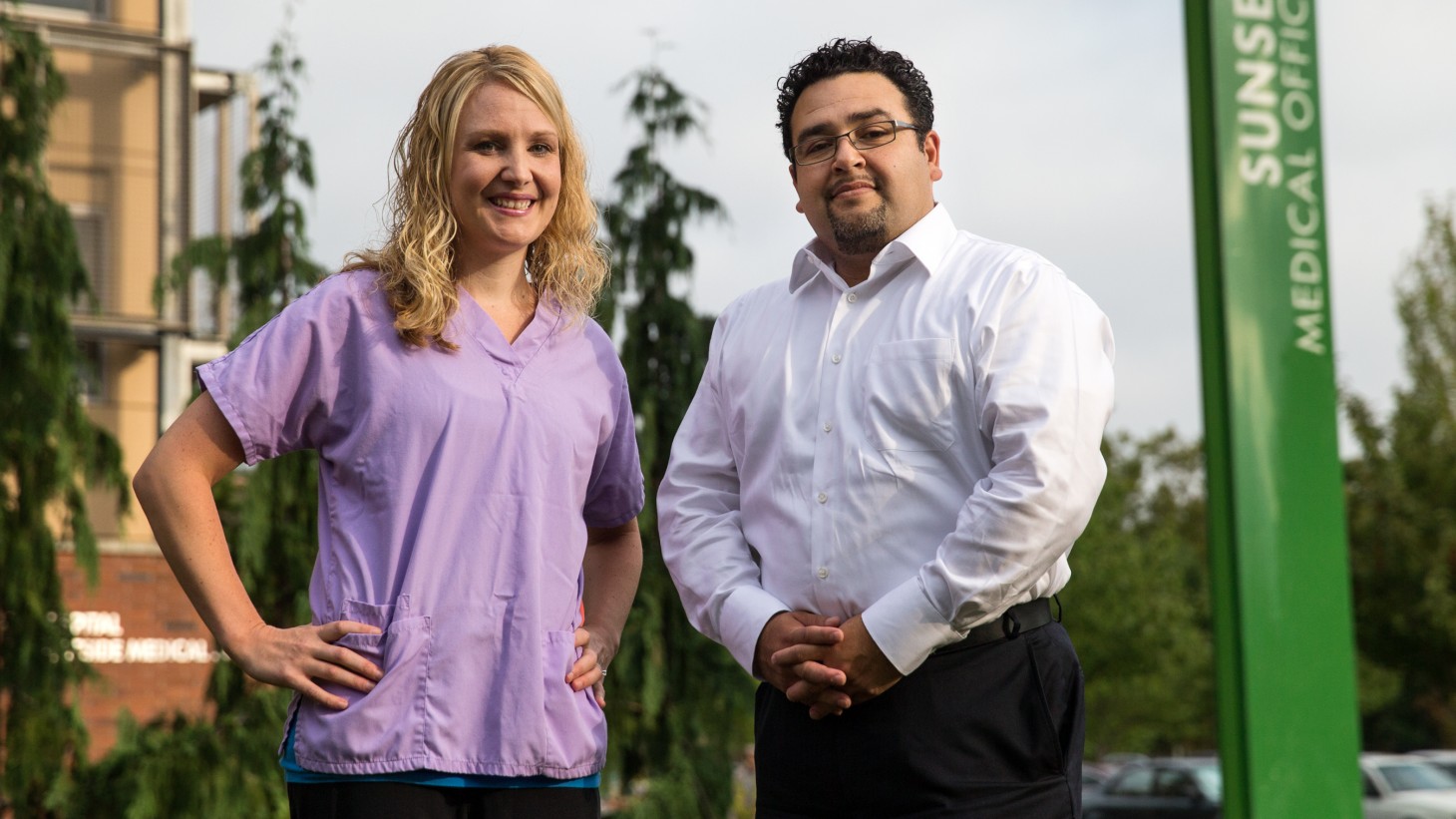 Rikki Shene, LPN, a member of SEIU Local 49, and manager Eliseo Olvera