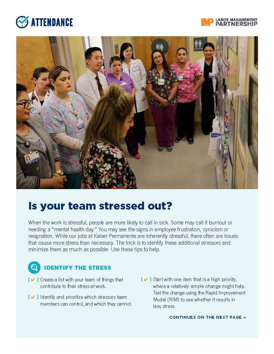 Flier with photo of a group of health care workers, standing together and looking grim